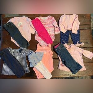 Lot of Girls 9 month outfits, onesies, foot pajamas, jacket, and shirt.